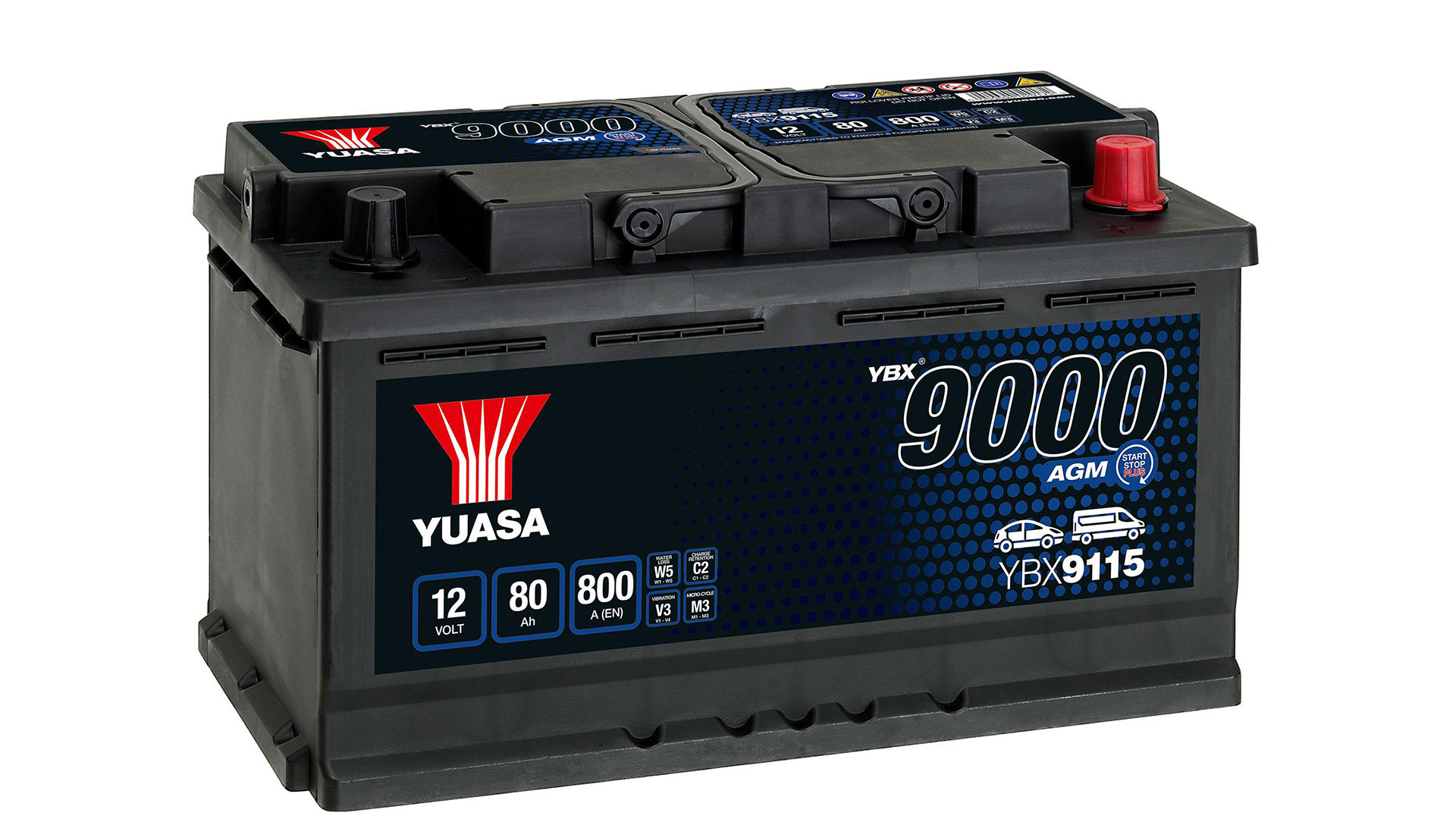 YUASA YBX9115 80Ah 800A AGM Start Stop Plus 0(- +) 317x175x190